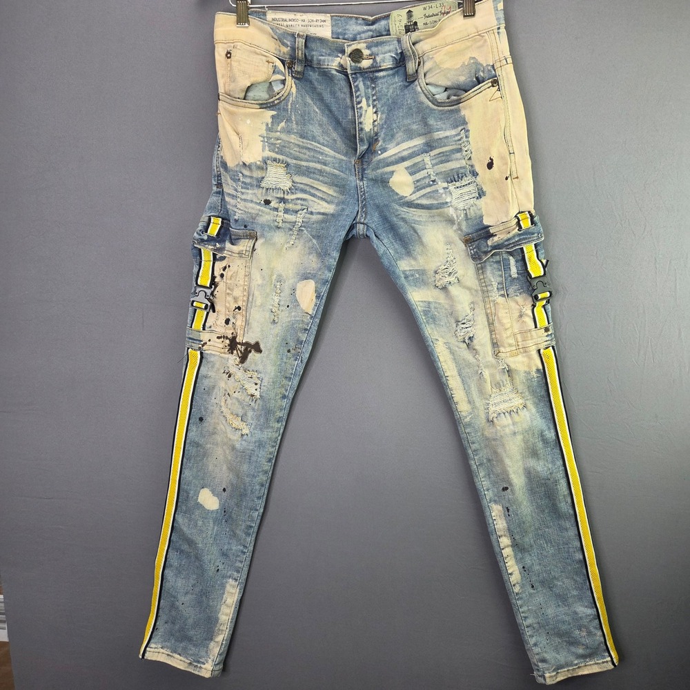 Industrial Indigo Masonry DNM Cargo Jeans 34x33 Distressed Bleached Streetwear